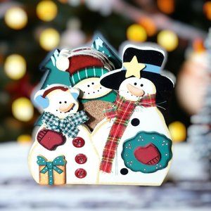 Snowman Coasters with Holder - Set of 4 - Wooden & Cork